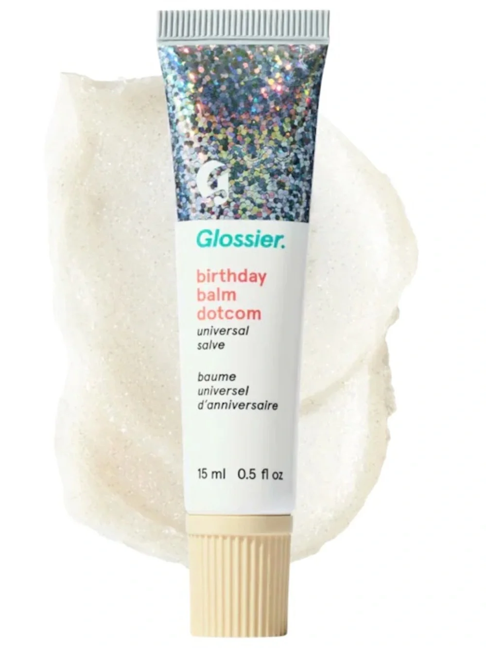Glossier Birthday Balm Dotcom Tube with Holographic Silver and Cream Cap